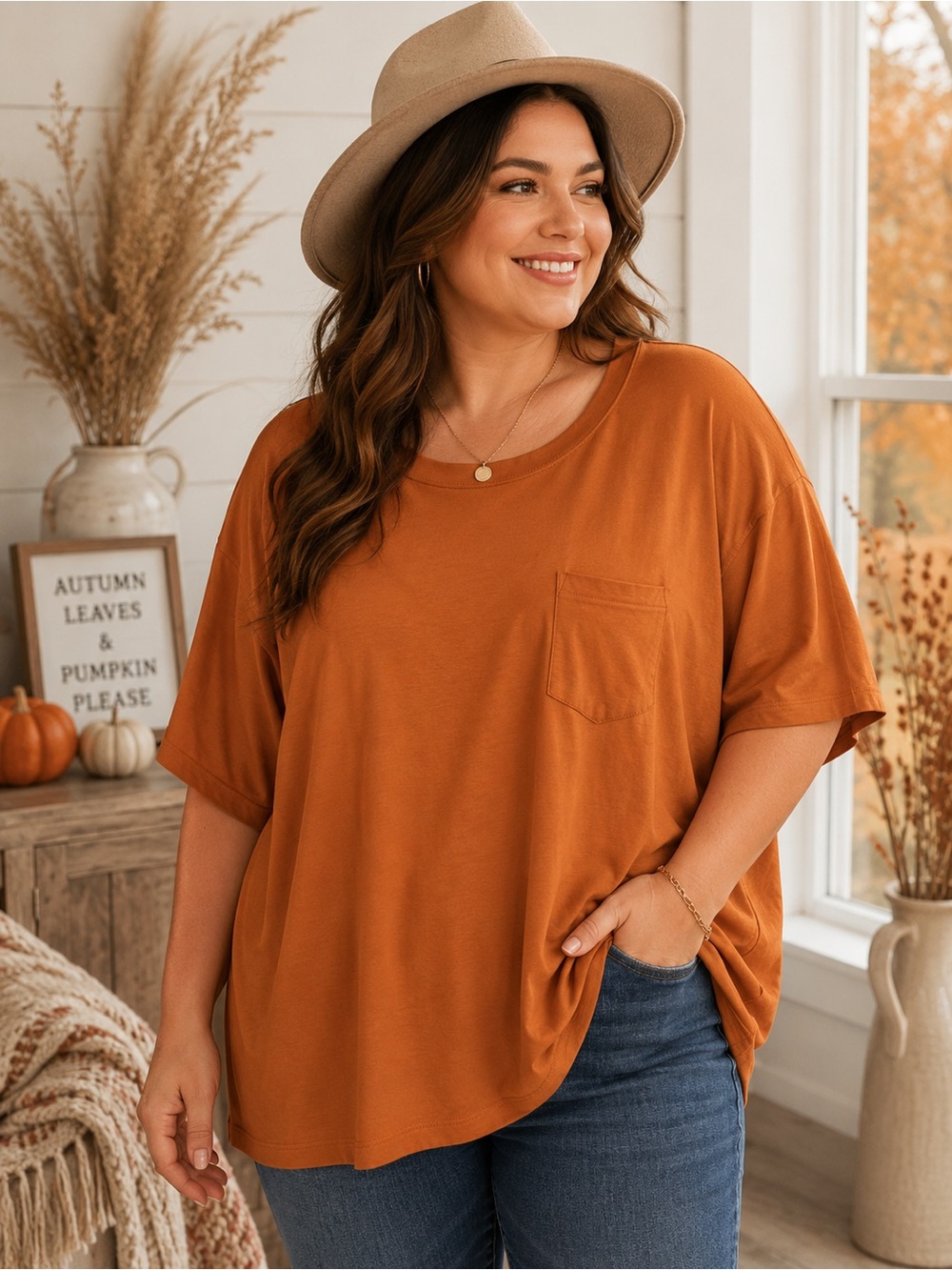 A New Day Oversized Boxy Tee 3X Burnt Orange 100% Cotton Pocket T-Shirt NWT